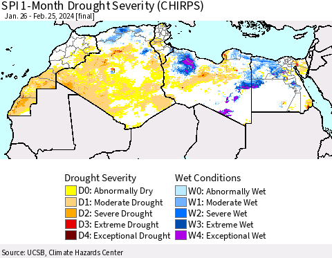 North Africa SPI 1-Month Drought Severity (CHIRPS) Thematic Map For 1/26/2024 - 2/25/2024