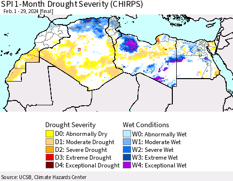 North Africa SPI 1-Month Drought Severity (CHIRPS) Thematic Map For 2/1/2024 - 2/29/2024