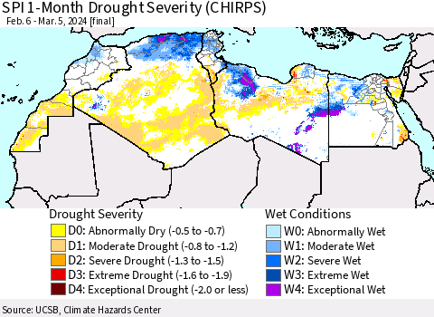 North Africa SPI 1-Month Drought Severity (CHIRPS) Thematic Map For 2/6/2024 - 3/5/2024
