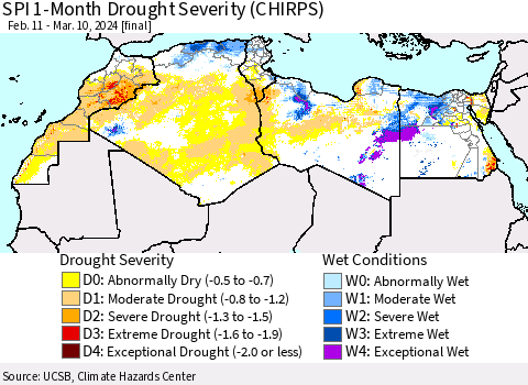 North Africa SPI 1-Month Drought Severity (CHIRPS) Thematic Map For 2/11/2024 - 3/10/2024