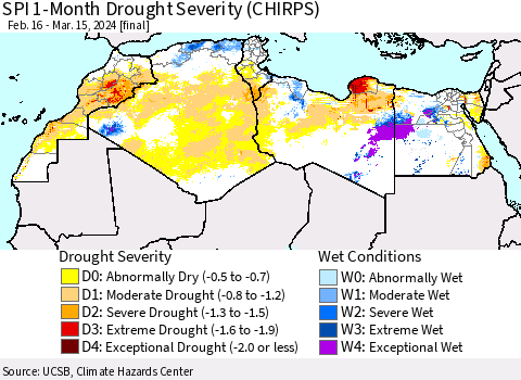North Africa SPI 1-Month Drought Severity (CHIRPS) Thematic Map For 2/16/2024 - 3/15/2024