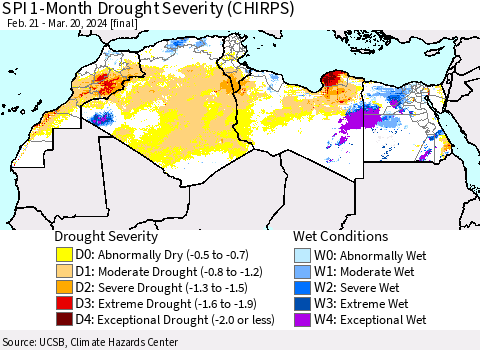 North Africa SPI 1-Month Drought Severity (CHIRPS) Thematic Map For 2/21/2024 - 3/20/2024
