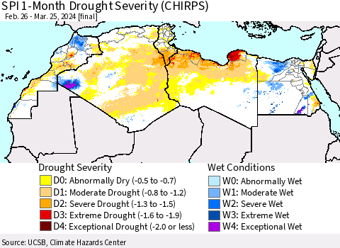 North Africa SPI 1-Month Drought Severity (CHIRPS) Thematic Map For 2/26/2024 - 3/25/2024