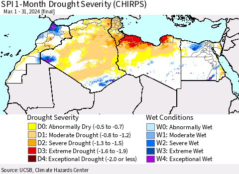 North Africa SPI 1-Month Drought Severity (CHIRPS) Thematic Map For 3/1/2024 - 3/31/2024