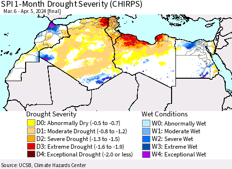 North Africa SPI 1-Month Drought Severity (CHIRPS) Thematic Map For 3/6/2024 - 4/5/2024