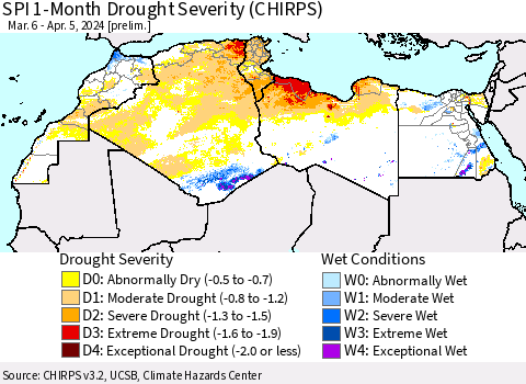 North Africa SPI 1-Month Drought Severity (CHIRPS) Thematic Map For 3/6/2024 - 4/5/2024