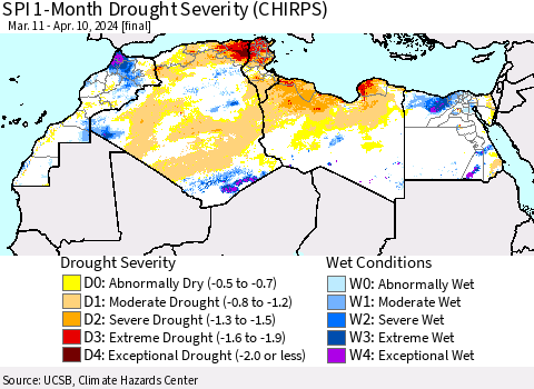 North Africa SPI 1-Month Drought Severity (CHIRPS) Thematic Map For 3/11/2024 - 4/10/2024