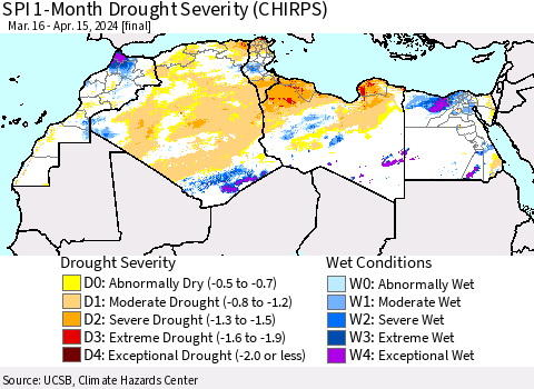 North Africa SPI 1-Month Drought Severity (CHIRPS) Thematic Map For 3/16/2024 - 4/15/2024