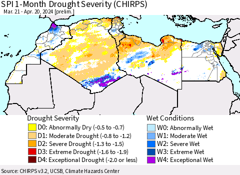 North Africa SPI 1-Month Drought Severity (CHIRPS) Thematic Map For 3/21/2024 - 4/20/2024
