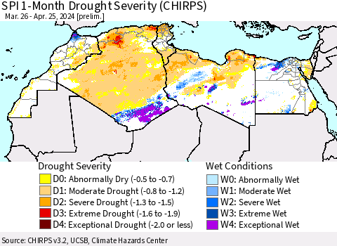 North Africa SPI 1-Month Drought Severity (CHIRPS) Thematic Map For 3/26/2024 - 4/25/2024