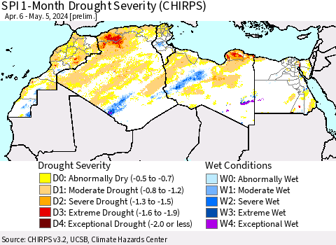 North Africa SPI 1-Month Drought Severity (CHIRPS) Thematic Map For 4/6/2024 - 5/5/2024