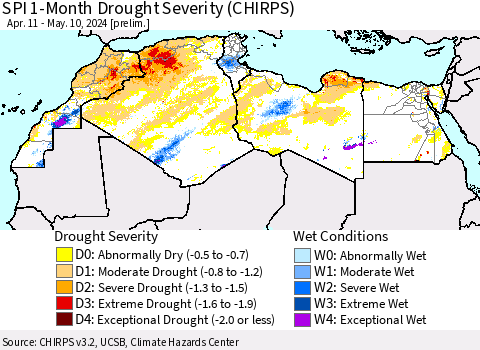 North Africa SPI 1-Month Drought Severity (CHIRPS) Thematic Map For 4/11/2024 - 5/10/2024