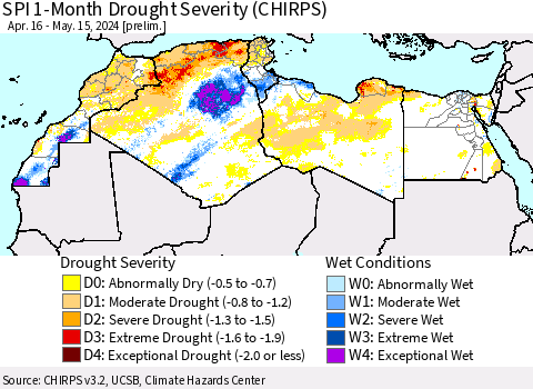 North Africa SPI 1-Month Drought Severity (CHIRPS) Thematic Map For 4/16/2024 - 5/15/2024
