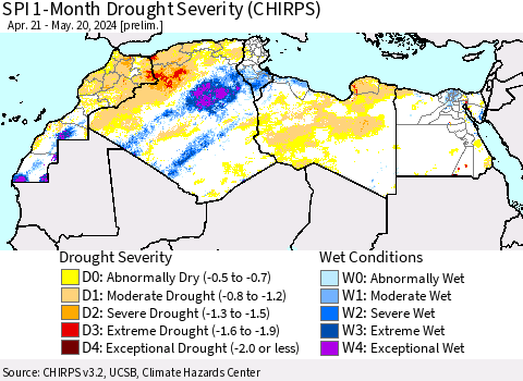 North Africa SPI 1-Month Drought Severity (CHIRPS) Thematic Map For 4/21/2024 - 5/20/2024