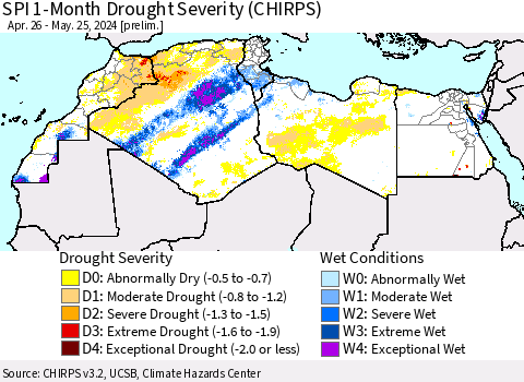 North Africa SPI 1-Month Drought Severity (CHIRPS) Thematic Map For 4/26/2024 - 5/25/2024