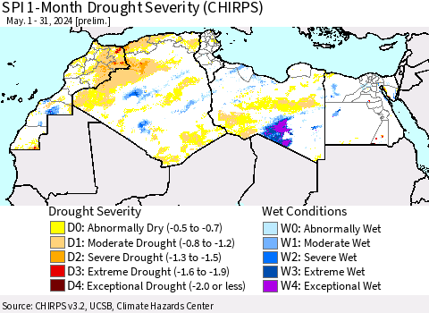 North Africa SPI 1-Month Drought Severity (CHIRPS) Thematic Map For 5/1/2024 - 5/31/2024