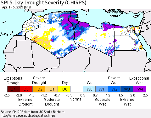 North Africa SPI 5-Day Drought Severity (CHIRPS) Thematic Map For 4/1/2019 - 4/5/2019