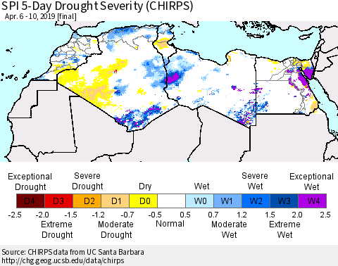 North Africa SPI 5-Day Drought Severity (CHIRPS) Thematic Map For 4/6/2019 - 4/10/2019