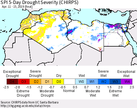 North Africa SPI 5-Day Drought Severity (CHIRPS) Thematic Map For 4/11/2019 - 4/15/2019