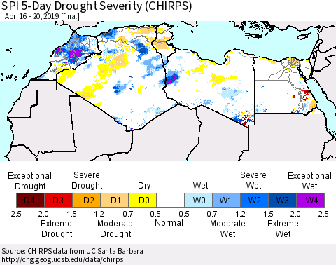 North Africa SPI 5-Day Drought Severity (CHIRPS) Thematic Map For 4/16/2019 - 4/20/2019
