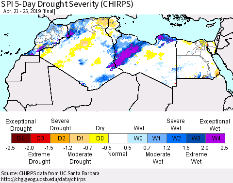 North Africa SPI 5-Day Drought Severity (CHIRPS) Thematic Map For 4/21/2019 - 4/25/2019