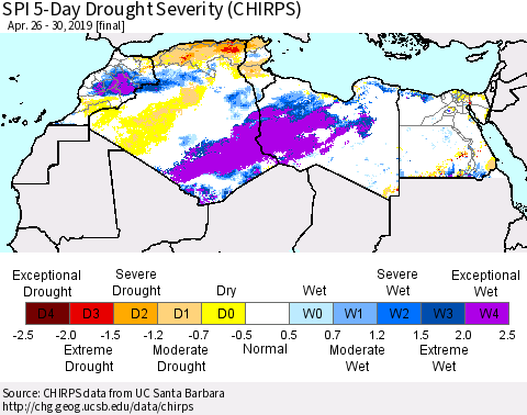 North Africa SPI 5-Day Drought Severity (CHIRPS) Thematic Map For 4/26/2019 - 4/30/2019