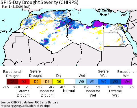 North Africa SPI 5-Day Drought Severity (CHIRPS) Thematic Map For 5/1/2019 - 5/5/2019