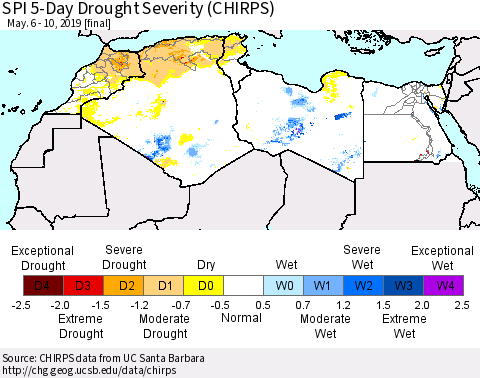North Africa SPI 5-Day Drought Severity (CHIRPS) Thematic Map For 5/6/2019 - 5/10/2019