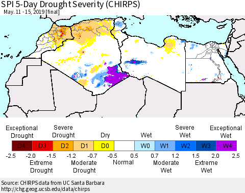 North Africa SPI 5-Day Drought Severity (CHIRPS) Thematic Map For 5/11/2019 - 5/15/2019
