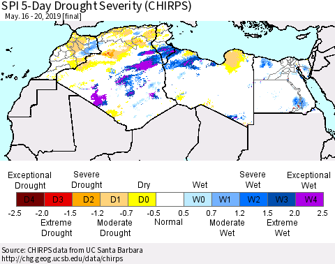 North Africa SPI 5-Day Drought Severity (CHIRPS) Thematic Map For 5/16/2019 - 5/20/2019