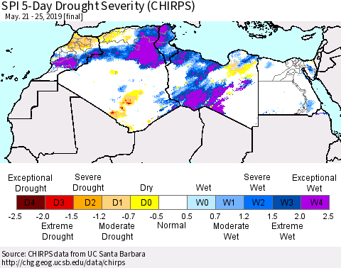 North Africa SPI 5-Day Drought Severity (CHIRPS) Thematic Map For 5/21/2019 - 5/25/2019