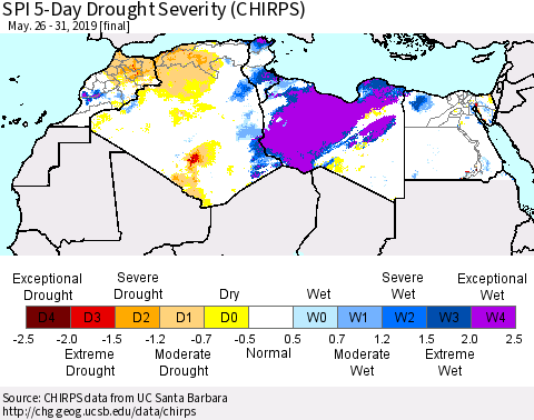 North Africa SPI 5-Day Drought Severity (CHIRPS) Thematic Map For 5/26/2019 - 5/31/2019