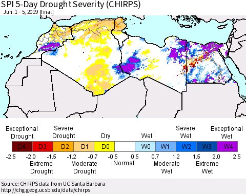 North Africa SPI 5-Day Drought Severity (CHIRPS) Thematic Map For 6/1/2019 - 6/5/2019