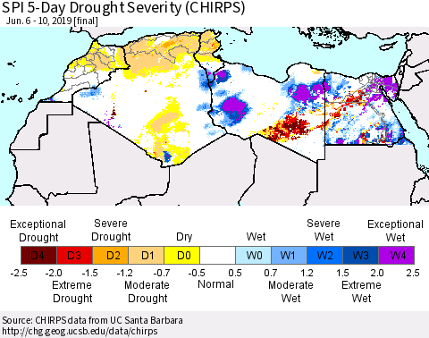 North Africa SPI 5-Day Drought Severity (CHIRPS) Thematic Map For 6/6/2019 - 6/10/2019