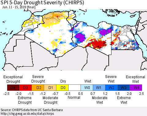 North Africa SPI 5-Day Drought Severity (CHIRPS) Thematic Map For 6/11/2019 - 6/15/2019