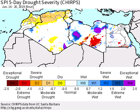 North Africa SPI 5-Day Drought Severity (CHIRPS) Thematic Map For 6/16/2019 - 6/20/2019
