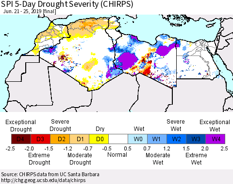 North Africa SPI 5-Day Drought Severity (CHIRPS) Thematic Map For 6/21/2019 - 6/25/2019