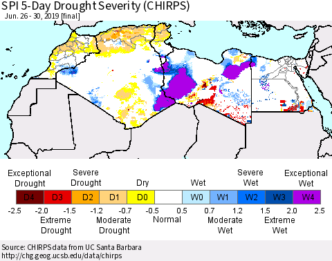 North Africa SPI 5-Day Drought Severity (CHIRPS) Thematic Map For 6/26/2019 - 6/30/2019
