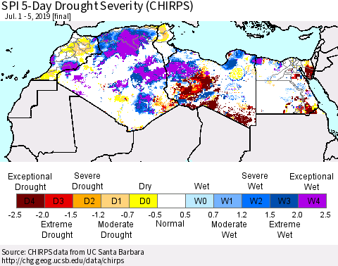 North Africa SPI 5-Day Drought Severity (CHIRPS) Thematic Map For 7/1/2019 - 7/5/2019