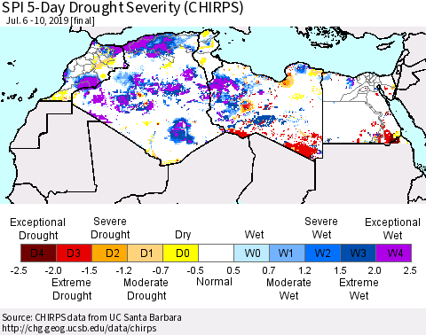 North Africa SPI 5-Day Drought Severity (CHIRPS) Thematic Map For 7/6/2019 - 7/10/2019