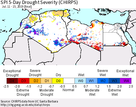 North Africa SPI 5-Day Drought Severity (CHIRPS) Thematic Map For 7/11/2019 - 7/15/2019