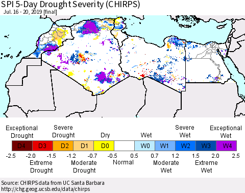 North Africa SPI 5-Day Drought Severity (CHIRPS) Thematic Map For 7/16/2019 - 7/20/2019