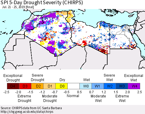 North Africa SPI 5-Day Drought Severity (CHIRPS) Thematic Map For 7/21/2019 - 7/25/2019