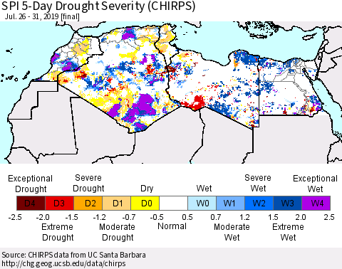 North Africa SPI 5-Day Drought Severity (CHIRPS) Thematic Map For 7/26/2019 - 7/31/2019