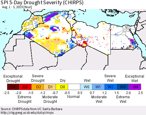 North Africa SPI 5-Day Drought Severity (CHIRPS) Thematic Map For 8/1/2019 - 8/5/2019