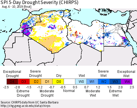 North Africa SPI 5-Day Drought Severity (CHIRPS) Thematic Map For 8/6/2019 - 8/10/2019