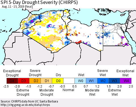 North Africa SPI 5-Day Drought Severity (CHIRPS) Thematic Map For 8/11/2019 - 8/15/2019