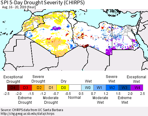 North Africa SPI 5-Day Drought Severity (CHIRPS) Thematic Map For 8/16/2019 - 8/20/2019