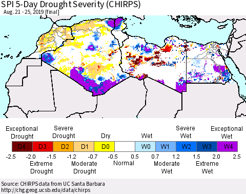 North Africa SPI 5-Day Drought Severity (CHIRPS) Thematic Map For 8/21/2019 - 8/25/2019