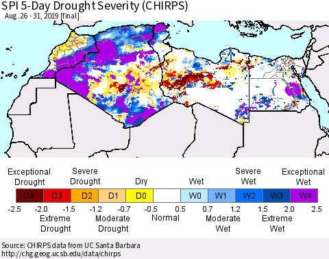 North Africa SPI 5-Day Drought Severity (CHIRPS) Thematic Map For 8/26/2019 - 8/31/2019